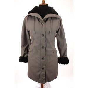 London Fog Womens Trench Coat Jacket Black Thick Faux Fur Lined Gray Sz 8 Reg